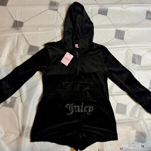 Juicy Couture Black/Liquorice Velour Tracksuit Set Rhinestone Hoodie & Shorts